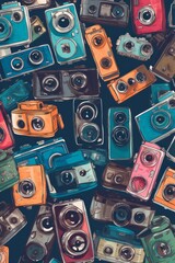 Fototapeta premium Pattern of photo cameras creates a captivating background image. Diversity in camera types, forming an engaging visual motif suitable for photography-related contexts and creative designs.