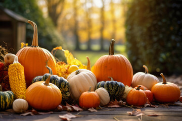 Autumn still life with pumpkins, leaves and corn on wooden background
