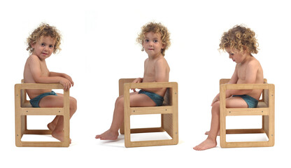 side view of a group of same boy in underpants sitting on chair on white background (3 year old)