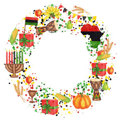 Round wreath frame Kwanzaa. African-American holiday. Kinara, seven burning candles, harvest: pumpkin, bananas, corn, wheat, map flag, gift. Hand drawn watercolor illustration isolated background.
