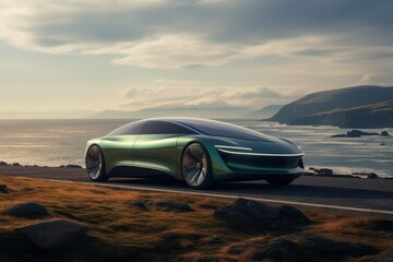 Futuristic sports car in city, 3D rendering of a brand-less generic concept car in the landscape,...