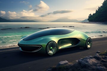 3D rendering generic concept car in the beach, futuristic sports car, Long exposure photo of a...
