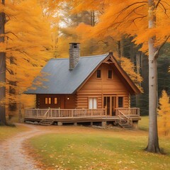 wooden cabin surrounded by autumn foliage. Pretty landscape with modern wooden house surrounded by trees with colorful foliage and mountains. Runaway chalet cabin in the forest. Generated By AI