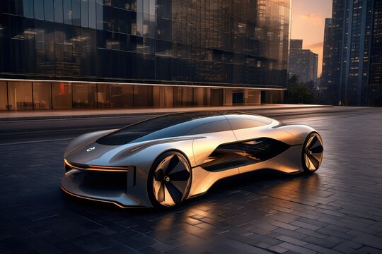 Modern Electric car rides on city road, 3D rendering of a brand-less generic concept car in the city, Futuristic sports car, Tuned Sport Car, cyberpunk Sports Car