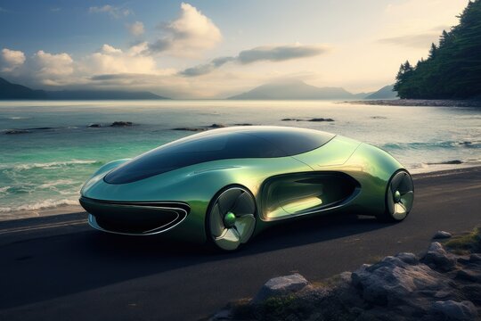 3D rendering generic concept car in the beach, futuristic sports car, Long exposure photo of a futuristic car speeding through a cyberpunk style city