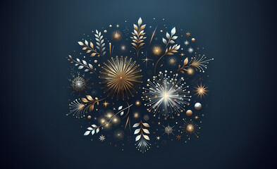 Minimalist New Year's Eve theme, perfect for desktops. Delicate gold and silver fireworks adorn a deep blue sky, creating a design that's both elegant and sparse