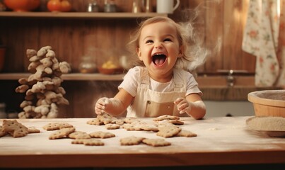 Obraz na płótnie Canvas Delicious Face of a Happy Child in Kitchen