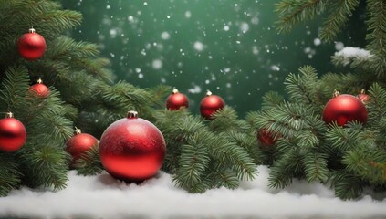 Background scene with red Christmas balls decoration and spruce branches on green background with snow.