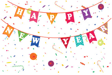 happy new year flags and confetti background for kids and school - obrazy, fototapety, plakaty