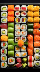 Farbenfrohe Sushi-Platte aus der Vogelperspektive