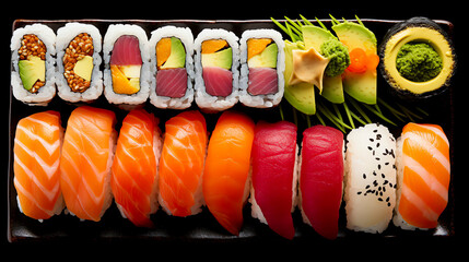 Farbenfrohe Sushi-Platte aus der Vogelperspektive - obrazy, fototapety, plakaty