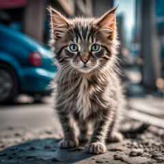 Naklejka na ściany i meble scared, shaggy, homeless kitten sitting on the street