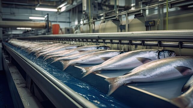 conveyor belt in a fish processing factory with a line of fresh salmon