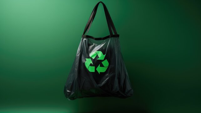 black plastic bag with recycling symbol on green background 