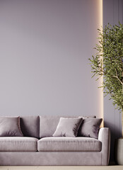 Livingroom mockup with a lavender sofa and dusty pale lilac color wall. Empty space for a gallery and paintings, art. Minimal wall in a pastel accent color. Modern luxury design room. 3d rendering 