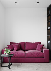  Luxury living room in trend color. White walls, lounge furniture - bright pink fusia magenta sofa. Empty space for art, picture. Rich interior design. Mockup lounge or reception hall. 3d render 