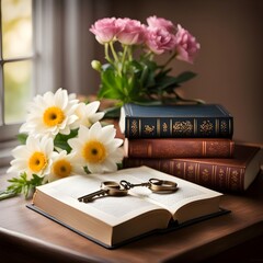 books, flowers, and a key on a table