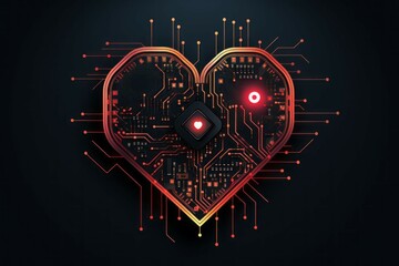 Computer with heart shaped CPU chip. Black background with selective focus and copy space