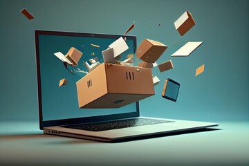Boxes flying out of a laptop screen depict the concept of online shopping, delivery, and internet orders. Convenience and efficiency of e-commerce in delivering products to customers' doorsteps. - obrazy, fototapety, plakaty