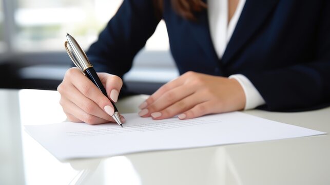 a female person signing contract on paper with pen 