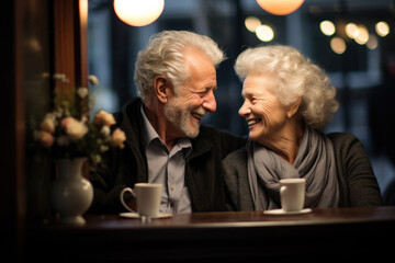 Elderly couple sitting at table in cozy cafe on romantic date. Mature wife and elder husband...
