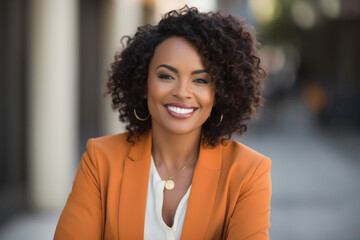 Successful businesswoman with curly hair looking at camera while smiling. Woman in orange blazer, professional entrepreneur, confident, standing outdoor