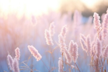Feld of pink reeds during sunrise or sunset. Reeds are gently swaying in the wind, creating delicate and soft texture. The sky is pastel color, with the sun shining through. Peaceful and serene