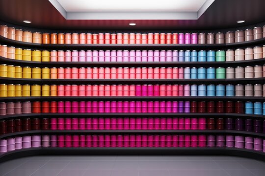 Colorful image of shelf with many jars or cans of paint in different hues. The paint containers are arranged in rainbow gradient