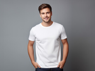 a young male model wearing a blank T shirt for use as mockup with blank background