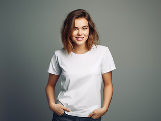 A young woman posing for a t-shirt mockup, wearing a blank , clean white shirt