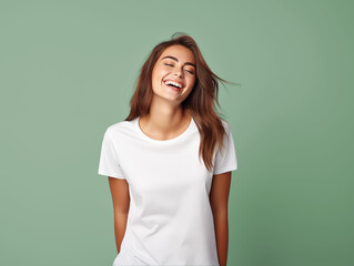 A young woman posing for a t-shirt mockup, wearing a blank , clean white shirt