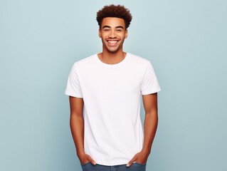 a young male model wearing a blank T shirt for use as mockup with blank background