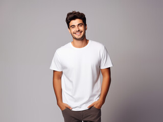 a young male model wearing a blank T shirt for use as mockup with blank background