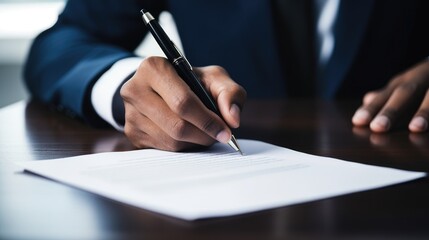 a man  signing contract on paper with pen 