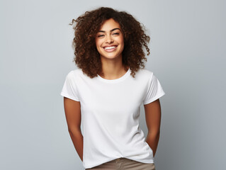A young woman posing for a t-shirt mockup, wearing a blank , clean white shirt