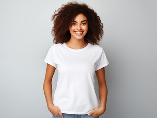 A young woman posing for a t-shirt mockup, wearing a blank , clean white shirt