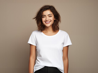 A young woman posing for a t-shirt mockup, wearing a blank , clean white shirt