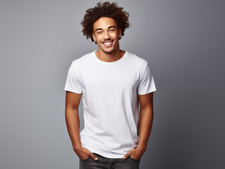 a young male model wearing a blank T shirt for use as mockup with blank background