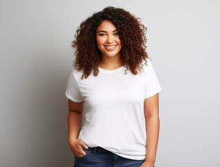 A young curly plus size model posing for a t-shirt mockup, wearing a blank , clean white shirt