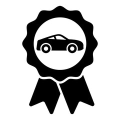Car silhouette icon on a round medal ribbon. Vehicle race prize award badge. Black symbol isolated on white background. Vector illustration.