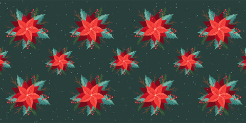 Christmas bouquets. Poinsettia flowers, Christmas tree, Christmas tree branches, dried branches from a tree, small snowflakes. Background picture