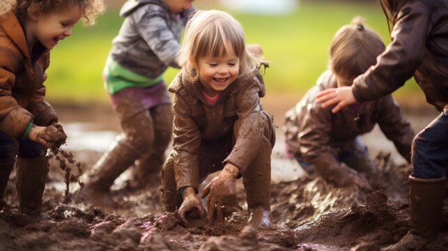 Joyful children in raincoats and rubber boots are splashing and playing in a large, muddy puddle after a rain shower, embodying the carefree spirit of a happy childhood spent outdoors.