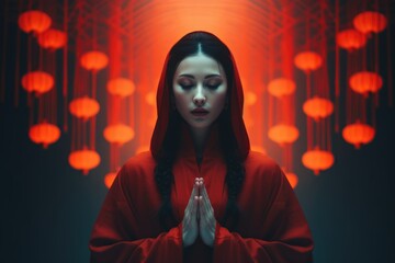 Serene spirituality: a Chinese woman finds solace through prayer and meditation, nurturing her mental health within the tranquil temple walls
