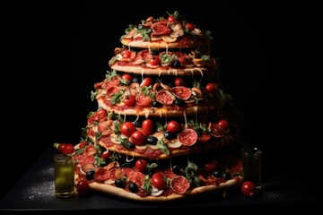 A festive pizza masterpiece crafted in the shape of a Christmas tree, adorned with savory toppings and holiday cheer