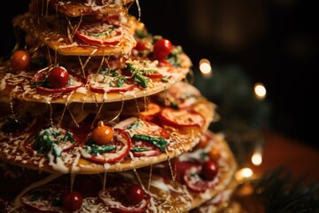 Fototapeta na wymiar A culinary Christmas tree: a pizza creation standing tall, topped with festive ingredients, a savory twist on traditional holiday fare