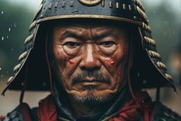 A close-up captures the serene composure of a samurai, exuding coolness and calmness in every nuanced detail of expression - obrazy, fototapety, plakaty