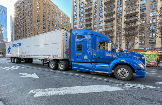 Freight truck delivering for Landstar System in the streets of Manhattan.