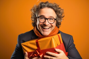 Pure holiday delight: a joyful man cradles a Christmas gift, his eyes sparkling with happiness, a contagious smile lighting up his face