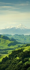 Fototapeta premium Wide shot of a landscape of green hills with a mountain and sky in the background 
