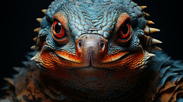 A closeup of a bald reptile looking straight into the camera A Beautiful Red Iguana. generative ai